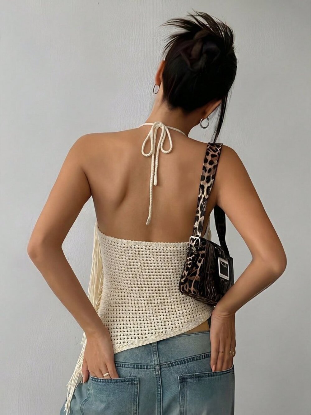 Khaki Casual Women's Elegant Tassel Halter Backless Knit Sweater Top - Picture 2 of 7